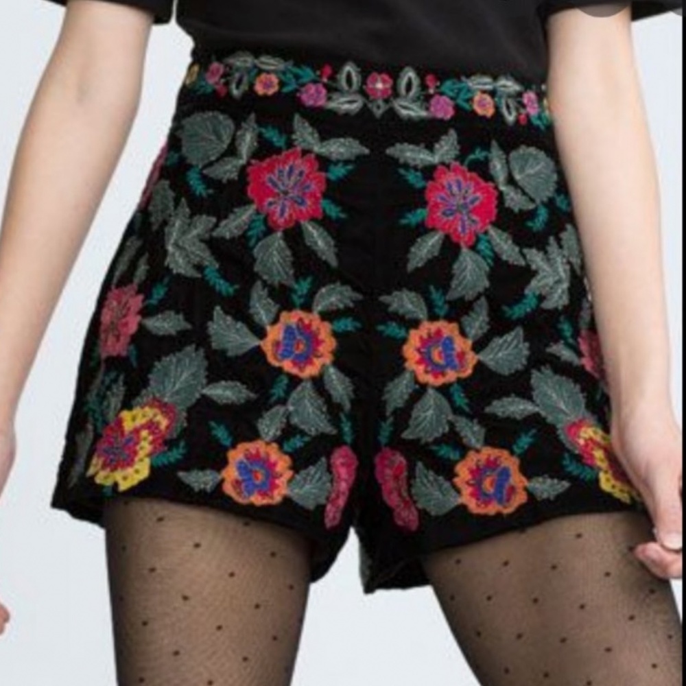 Zara shorts Floral Embroidered Velvet High Waist Sz Medium